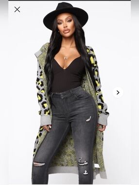 Fashion Nova Gray and Yellow Leopard Open-Front Cardigan